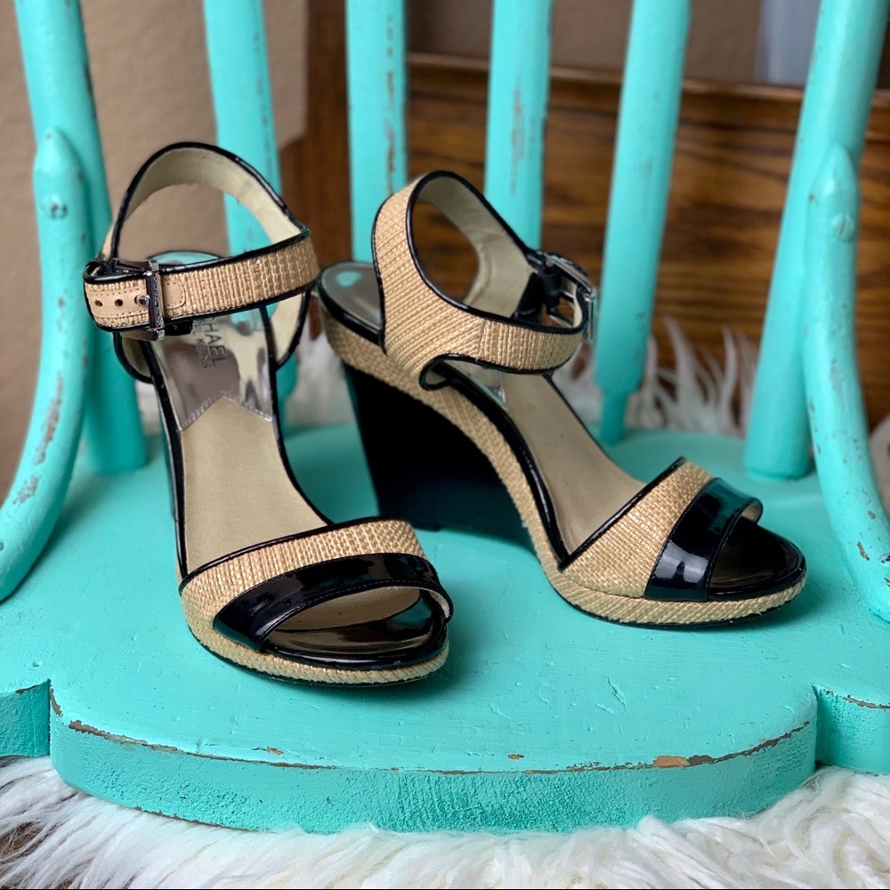 Michael Kors Patent Leather/Straw Wedge Heel Sz 8
